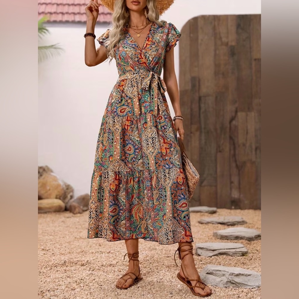 Floral Boho Faux V Neck Wrap Tie Midi Dress New Boutique - Picture 4 of 5
